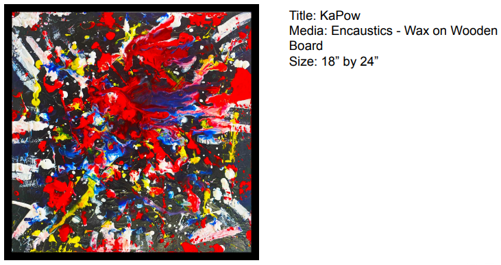 An abstract collection of red, blue, yellow, white, and black splashes of paint