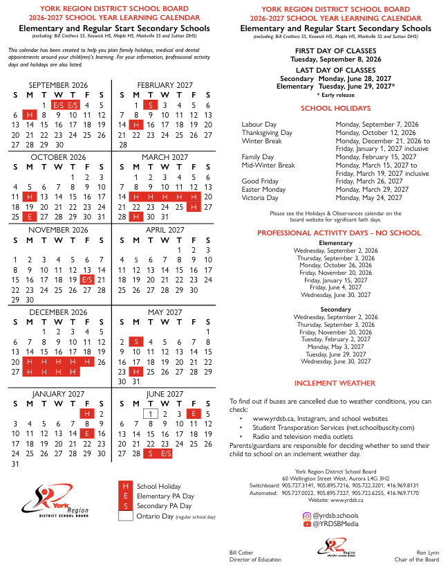 YRDSB 2026-2027 School Year Learning Calendar