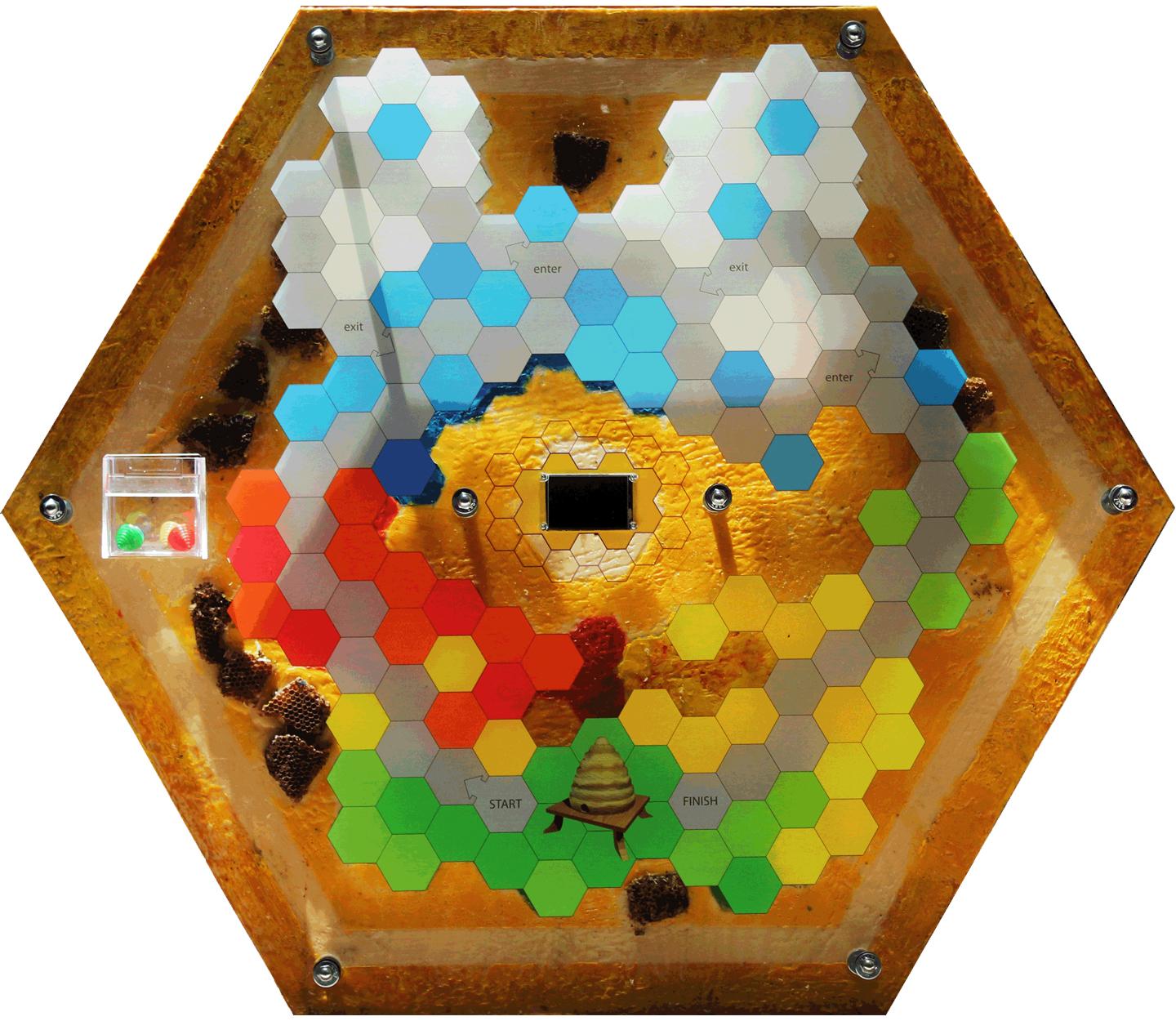 A multimedia interactive artwork shaped like a honeycomb designed to support the Markham Museum's education programs.