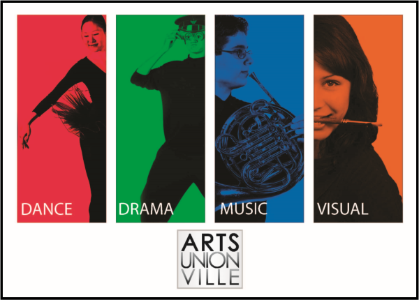 Four colourful columns show silhouette of dancer, performer, musician and visual artist, with text in each indicating the form of Arts. Beneath it the words Arts Unionville