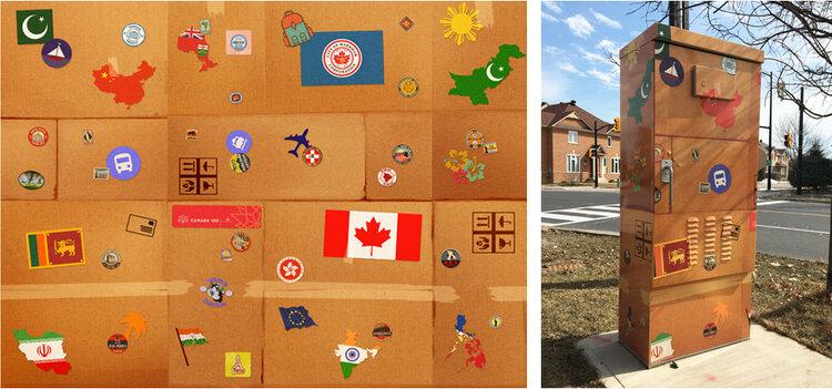 Design illustration mimics the look of multiple international cardboard moving boxes with countries and emblems from different countries. Image shown in full and wrapped around traffic box.