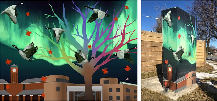 Image of buildings with tree in different colours. Sky shows northern lights in green. Geese and red maple leaves cover the scene. Image shown in full and wrapping a traffic box. 