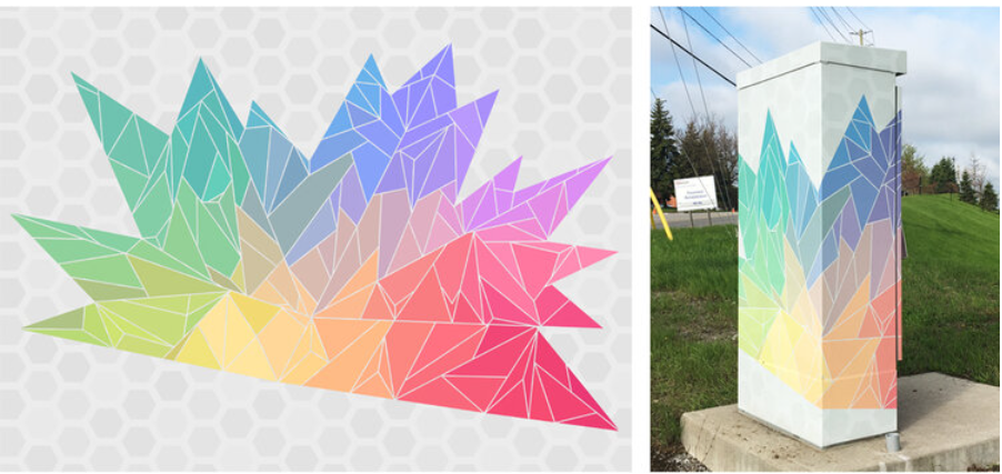 geometric maple leaf shape in rainbow colours. Image shown in full and wrapping a traffic box outside