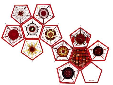 Series of pentagons together forming another pentagon with designs in red