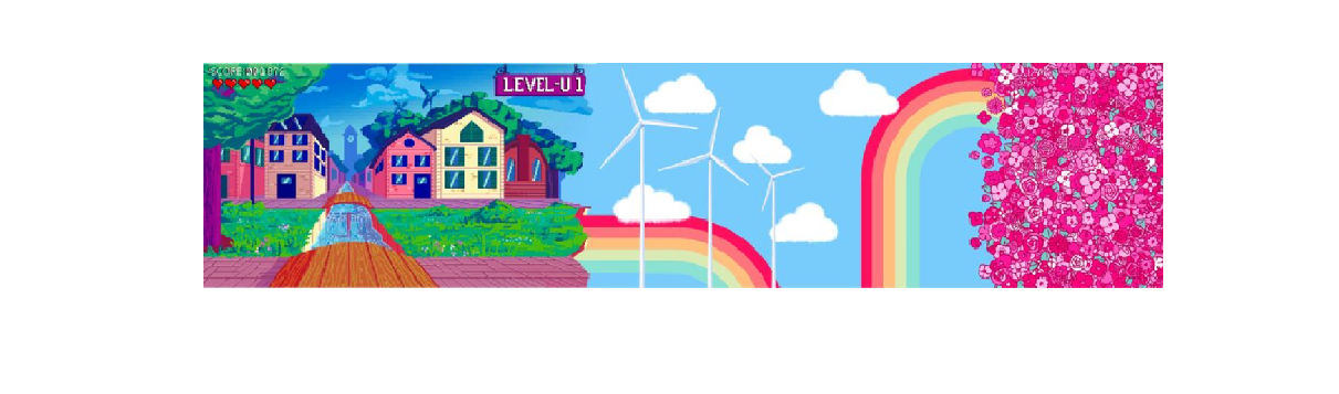 Whimsical image of colourful houses with river flowing through the centre, next to it rainbows flow through the sky with wind energy generators, leading into a collection of pink and red flowers