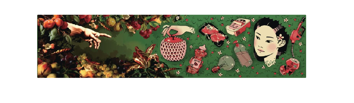Green background. One side features a hand reaching out from a bower of fruits on leaves, the next shows a woman's face with objects around her including a hand holding an apple, garbage, lightbulb, gas pump
