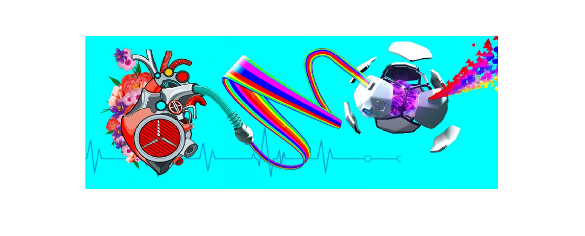 turquoise background, image of mechanical heart surrounded by flowers, dodechaedron opening to reveal rainbow, 