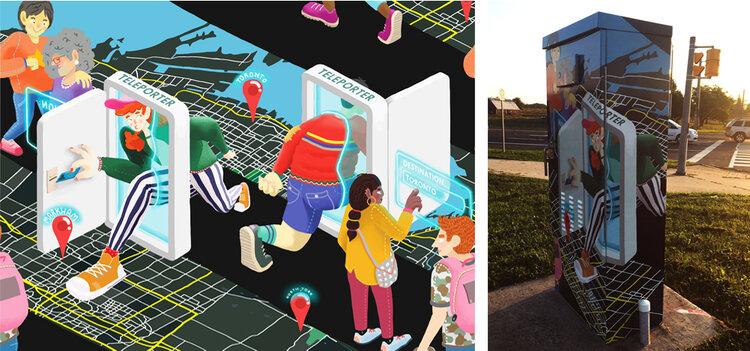 colourful image of people going in and out of white doors labelled teleporters. Image shown in full and wrapping traffic control box