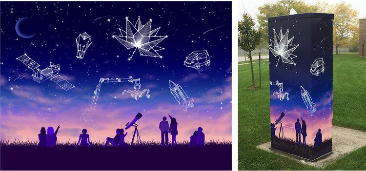 silhouettes of people looking at large night sky filled with constellations. Image shown in full and wrapping traffic control box