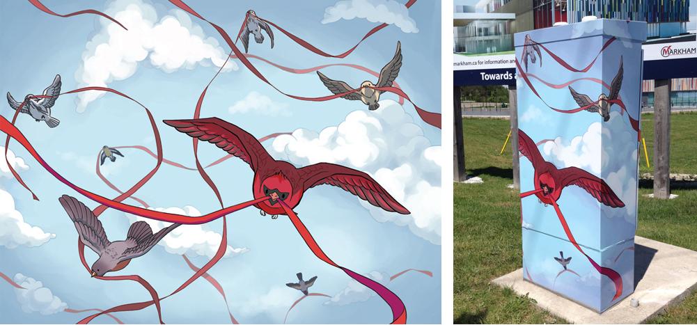two side by side images featuring blue background with birds holding ribbons in their mouths. On the left the full image, on the right it is shown wrapping a traffic box