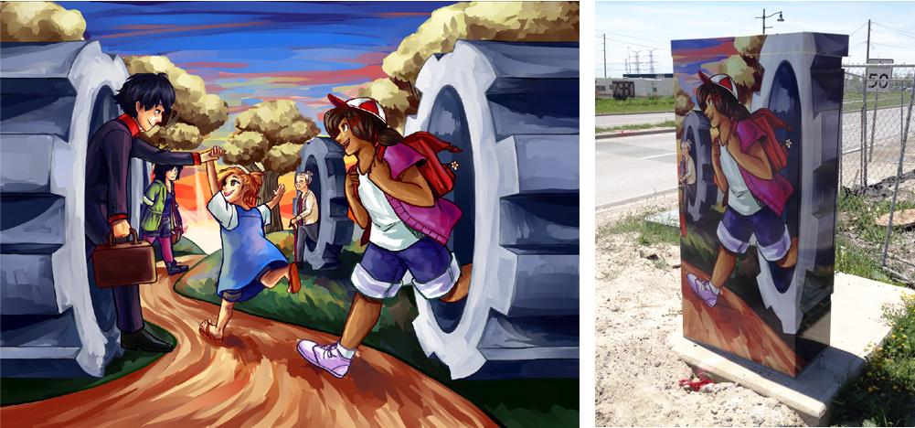 cartoon image of adults and students coming out of large gear-shaped objects. Image is shown in full and wrapped around a traffic box
