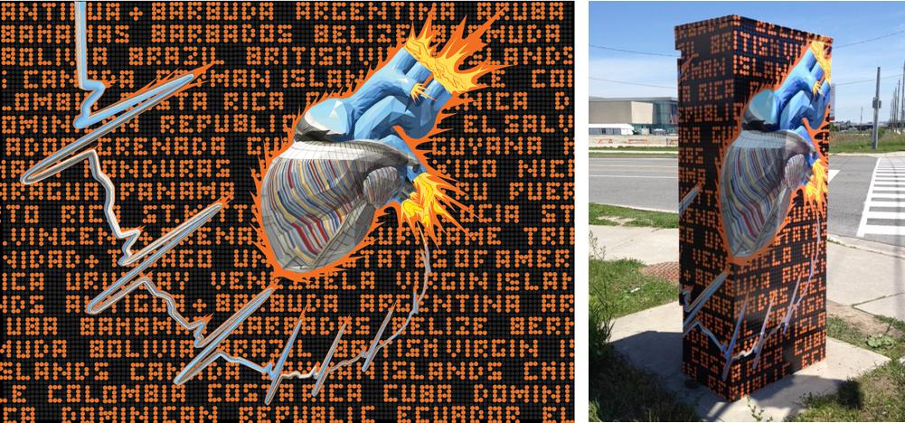 Image of reflective heart in front of text with different countries names. The image is shown in full and wrapped around a traffic box