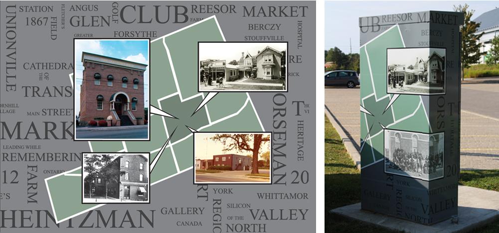  map of Markham with snapshots of different historically significant buildings from different regions: Markham Village, Thornhill, Unionville, and Milliken. Image shown in full and wrapped around traffic box. 