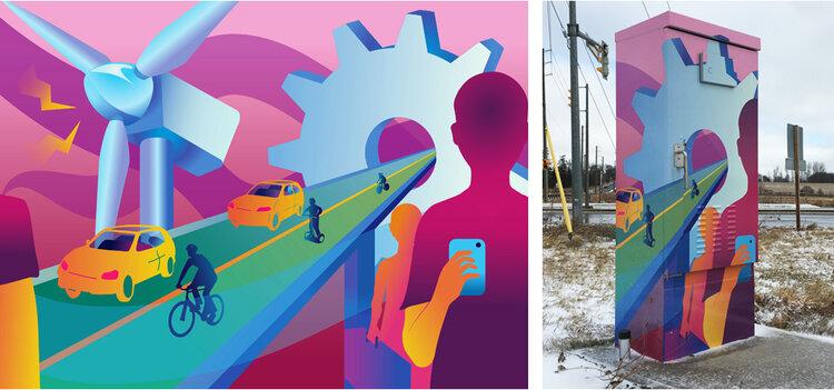 purple background, silver propeller and cog, with green road and large silhouettes of people holding technology