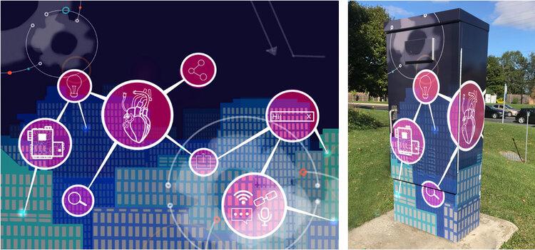 background features dark sky and silhouettes of buildings. Graphics appear in circular bubbles connected to one another. Graphics represent different files of technology or research. image shown in full and wrapping traffic box.