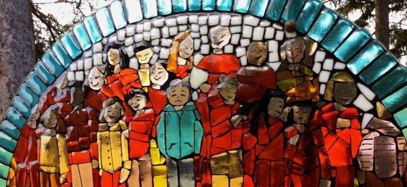 Multimedia mural featuring children 