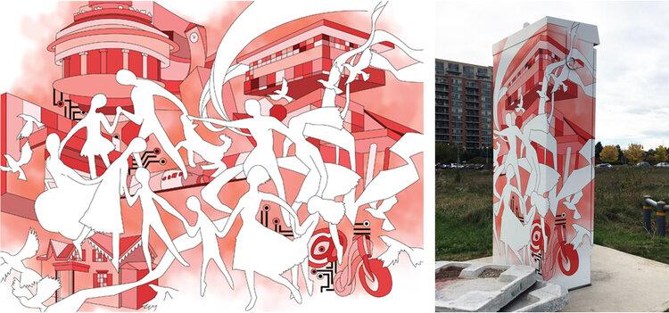 white silhouettes of dancers in front of Markham buildings drawn in red. Image shown in full and wrapping traffic box.