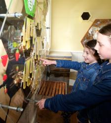 Two kids interacting with the educational honeycombs.