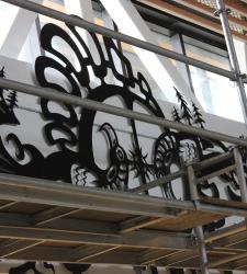 A picture of the Aaniin Community Centre mural under construction.