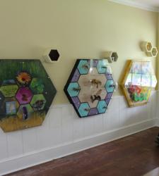 Three interactive honeycombs displayed on a wall.