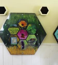 An interactive honeycomb displayed on a wall.